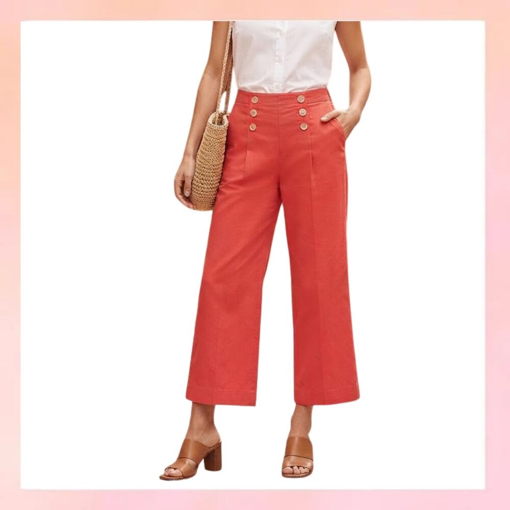Ann Taylor Petite Red Button Front Sailor Crop Pants Wide Leg Trousers Size 12P
